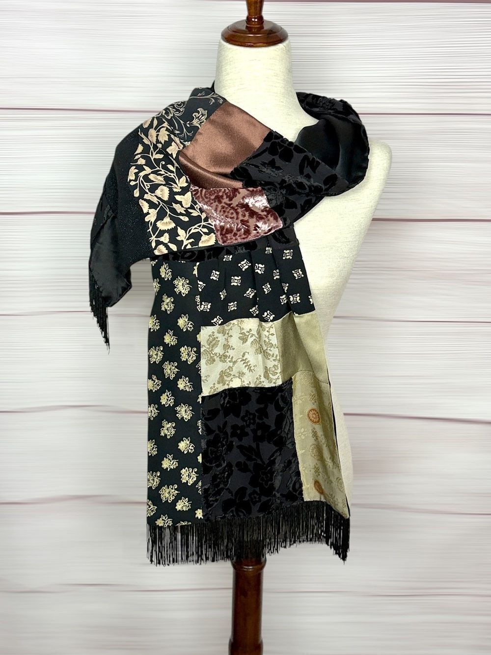 Henri Bendel New York Doubled Scarf Black Burnout Velvet Patchwork Fringed